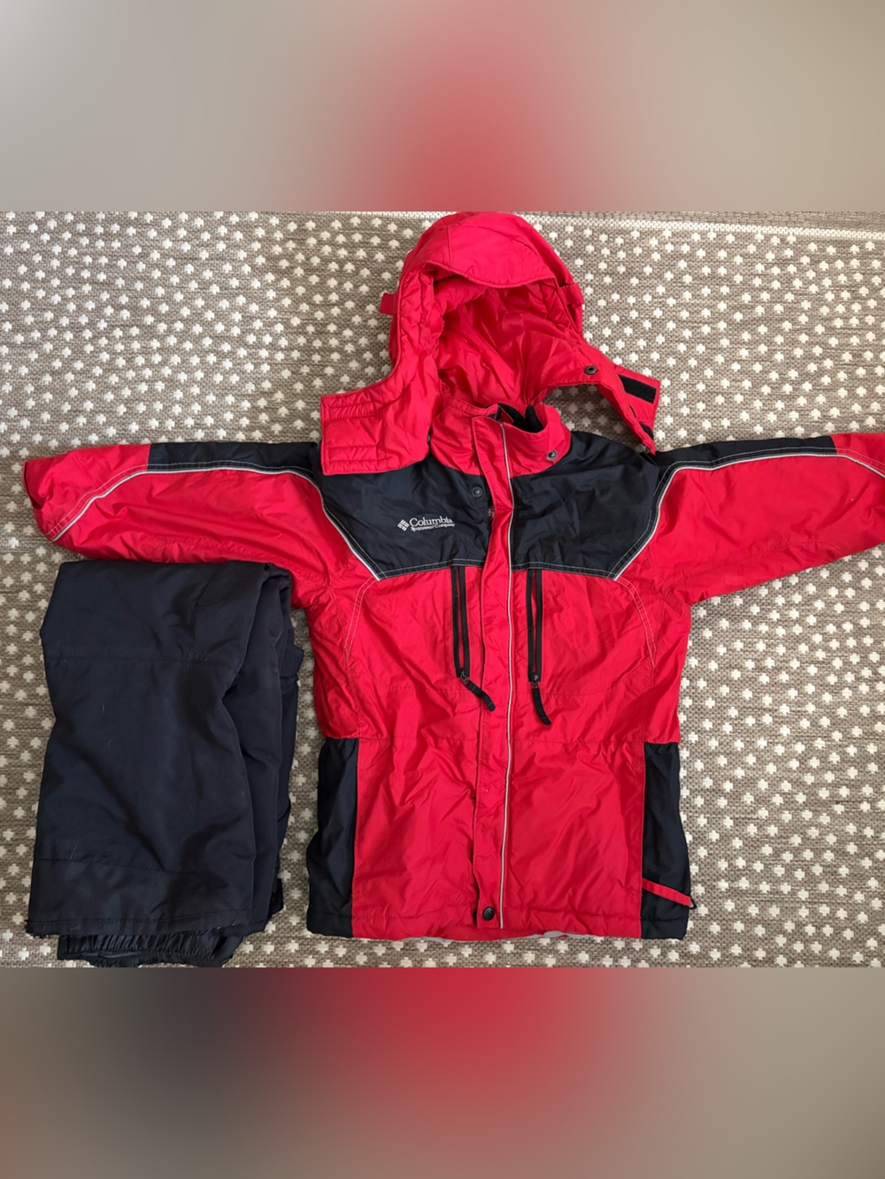 Columbia Red and Black Insulated Winter Jacket with Hood & black pants